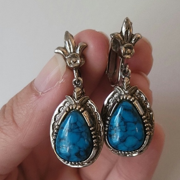 Vintage Faux Turquoise Squash Blossom Necklace & Earring Set - Picture 7 of 10